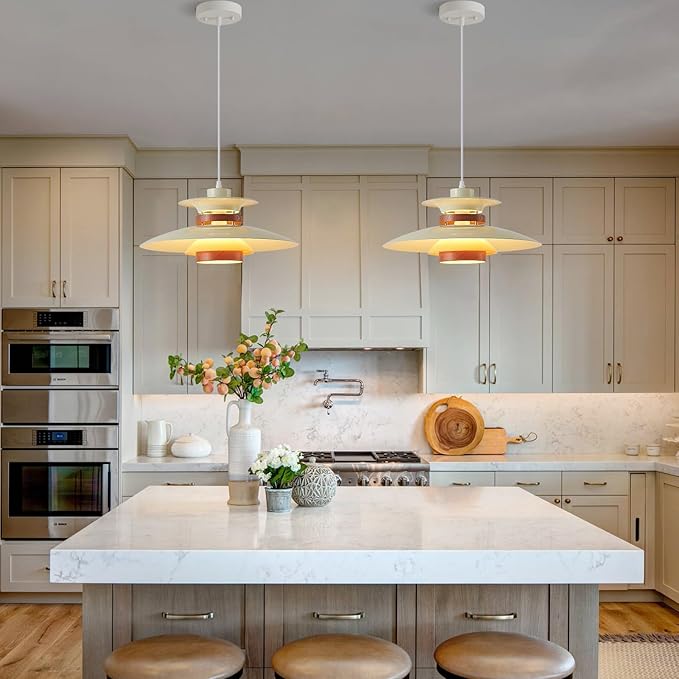 Modern Decor Adjustable Pendant Lamp Kitchen Island, Aluminum and Wood Finish,1-Light E26 Base Ceiling Hanging Light for Dining Room Shop Restaurant (Beige+Dark Wood Grain, 40cm)