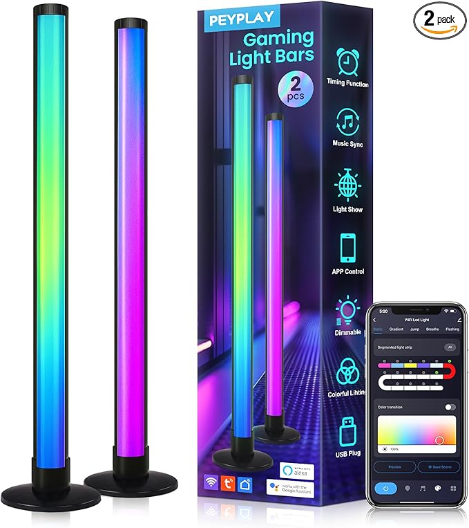 Smart LED Light Bars,USB Powered RGB+IC Ambient Lights with Music Sync, Voice & App Control, Stepless Dimming, DIY Mode, Compatible with Alexa & Google Assistant