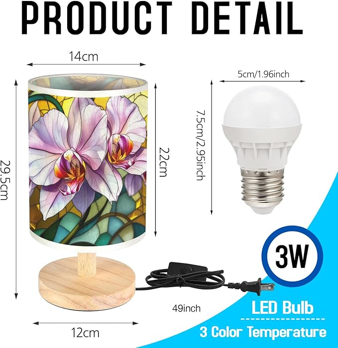 Orchid Table Lamp LED 3-Color Pressed Bedside, Orchid Shade Lamp with Wood Base for Bedroom Living Room Desk Office TL01