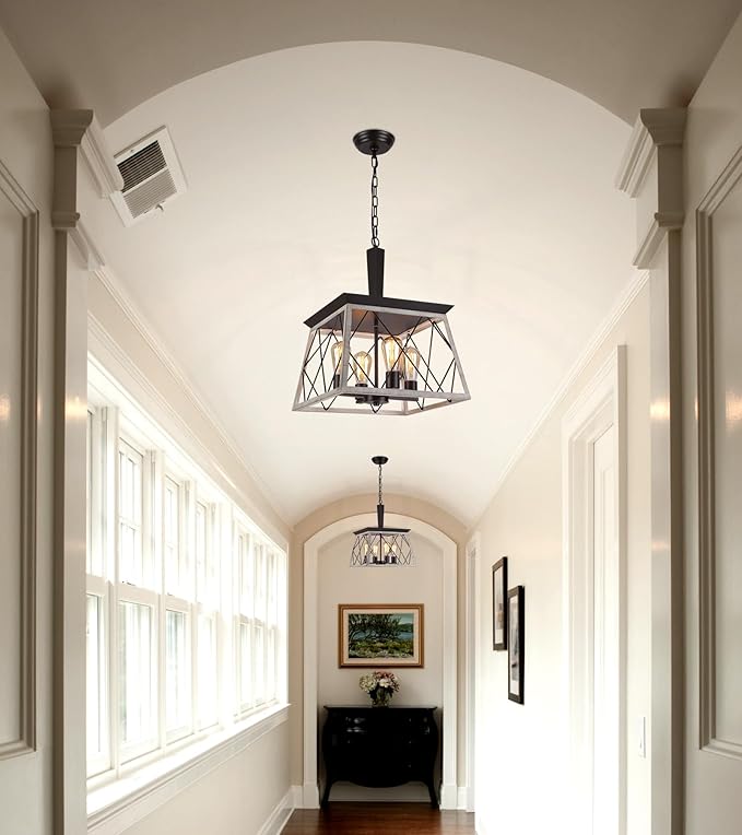 Q&S Farmhouse Vintage Chandelier, Rustic Pendant Light,Industrial Hanging Light Fixture for Dining Room Kitchen Island,Wrought Iron,ORB+Oak White 4 Lights E26 UL Listed