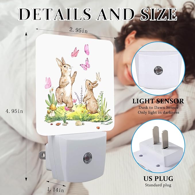 Cute Rabbits Butterfly Night Light, Plug-into Wall Happy Easter Bunny Animals Nightlight Lamp with Dusk to Dawn Sensor, Led Lamp 0.5W Energy Efficient for Boys Girls Adults Home Decor