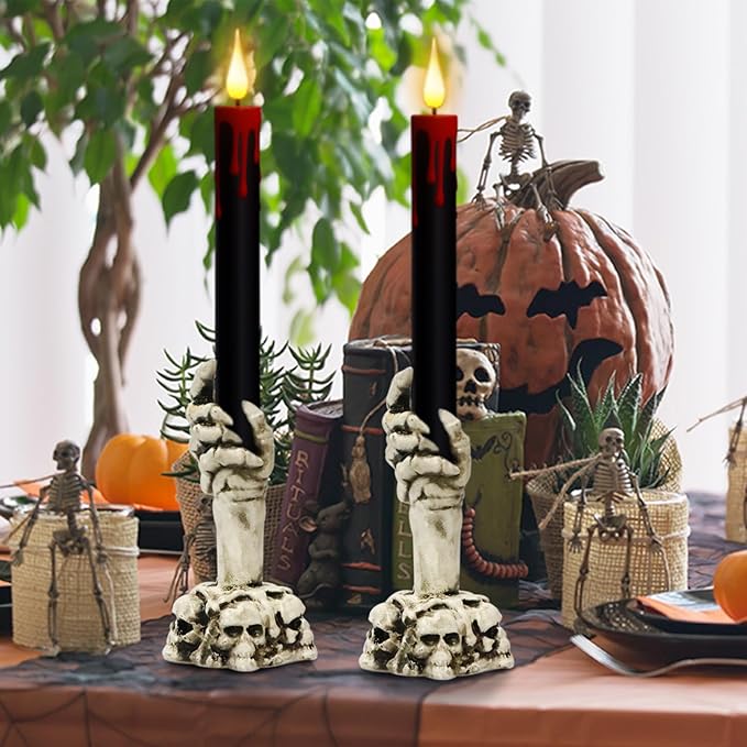 DRomance Black Flameless Taper Candles Battery Operated with Remote and Timer, Blood Dripping Wax LED Flickering Candles Skeleton Hand Holders Dinner Table Halloween Decor Lights(2 Pack, 3” x 12”)