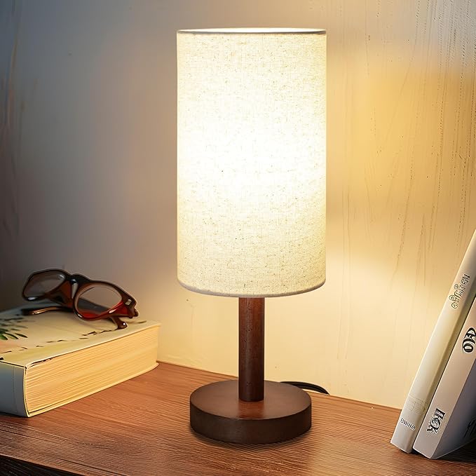 Small Table Lamp Nightstand Lamp Linen Lampshade Bedroom Wood Base Small Bedside Lamp for Night Stands, Desk Lamps for Reading Living Room, Office (LED Bulb Included) (Black-Walnut Wood（2）)