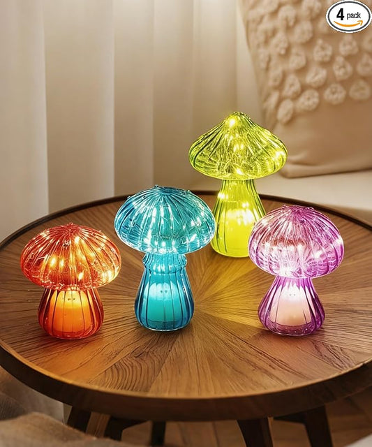 Nacome Glass Mushroom Table Lamp: Set of 4 Colored Small Cute LED Night Light Home Decor for Bedroom Desk - Birthday Gifts for Women