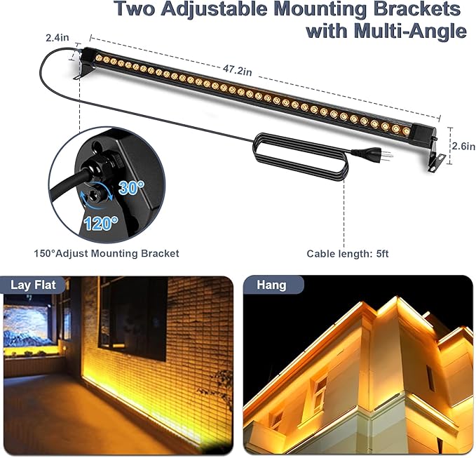 2 Pack 4FT LED Wall Washer Light Bar, 72W Waterproof Outdoor Lighting, 120V 2700K Warm White, High Bright Linear Light for Building Wall, Yard, Church, Batting Cage