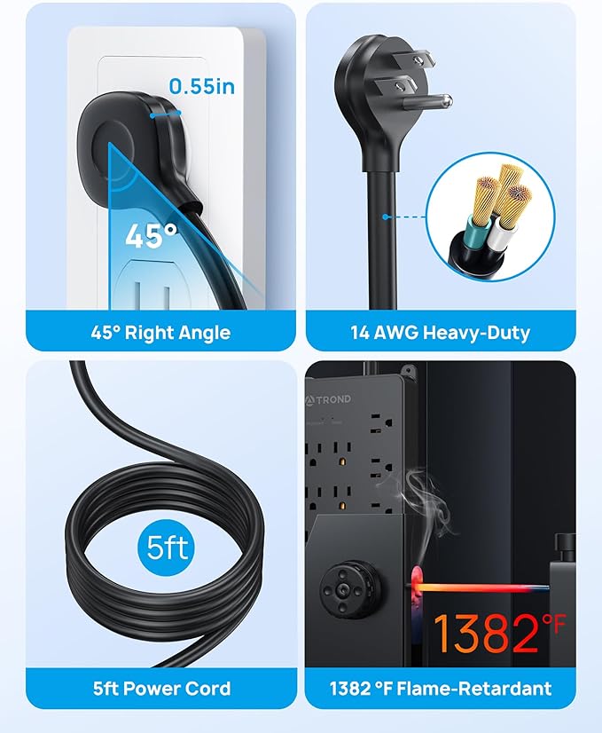TROND Surge Protector Power Strip with USB Ports, 5ft Flat Plug Extension Cord, 22 Widely Spaced Outlets with 4 USB, 4000 Joules, 14AWG Heavy Duty, ETL Listed, Wall Mountable for Home Office, Black