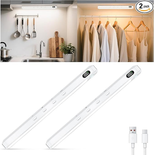 WILLED Under Cabinet & Closet Lights, Motion Sensor, Rechargeable, Magnetic, 3 Color Temps, Dimmable LED Light Bar for Indoor Kitchen Counter (2 Pack, White)