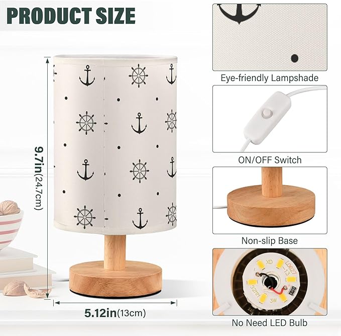 Anchor Wheel Polka Dot Nautical Retro Pattern Table Lamp with Wood Base Fabric Lamp Shade Bedside Nightstand Desk Lamp for Living Room Bedroom Kids Room Office