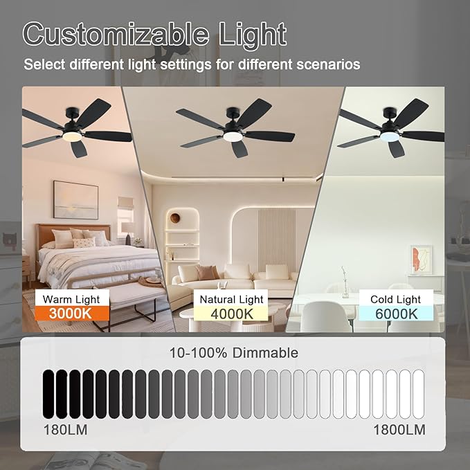 52 Inch Ceiling Fans with Lights, Black Ceiling Fan and Remote/App Control, 2 Downrods, DC Reversible, Noiseless, Dimmable, 5 Dual-Sided Blades Modern Ceiling Fan for Indoor/Outdoor Use