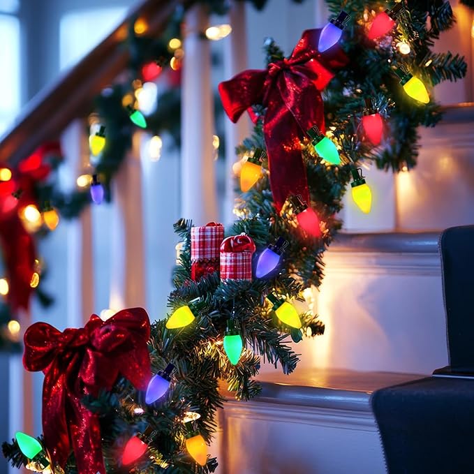 50 LED C7 Christmas Lights Battery Operated 24Ft C7 Christmas Lights C7 Christmas String Lights Remote Timer 8 Lighting Modes for Indoor Outdoor Room Garden Yard Roof Tree Party Christmas Decor