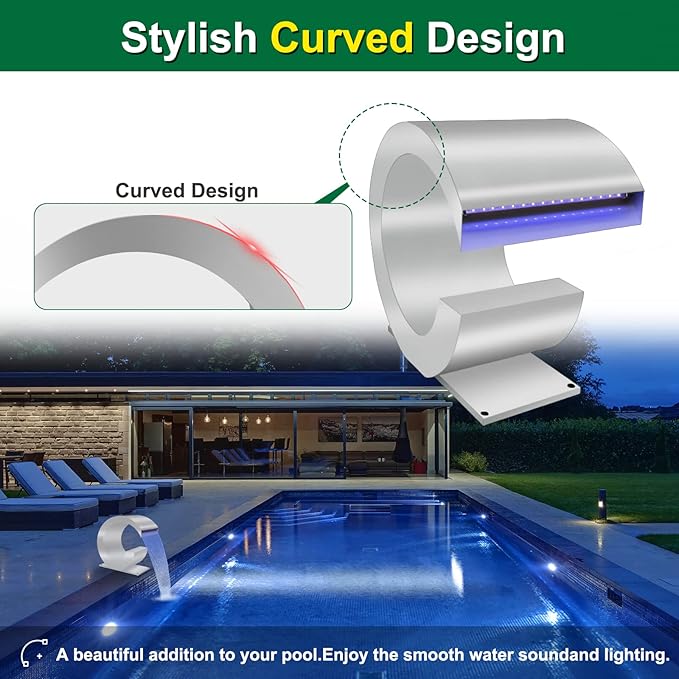 LONGRUN J-Shaped Waterfall Spillway Stainless Steel Swimming Pool Fountain with Color Changing LED Light, Outdoor Pond Waterfalls Kit for Garden Patio Swimming Pool Koi Ponds Decoration -13.6" Height