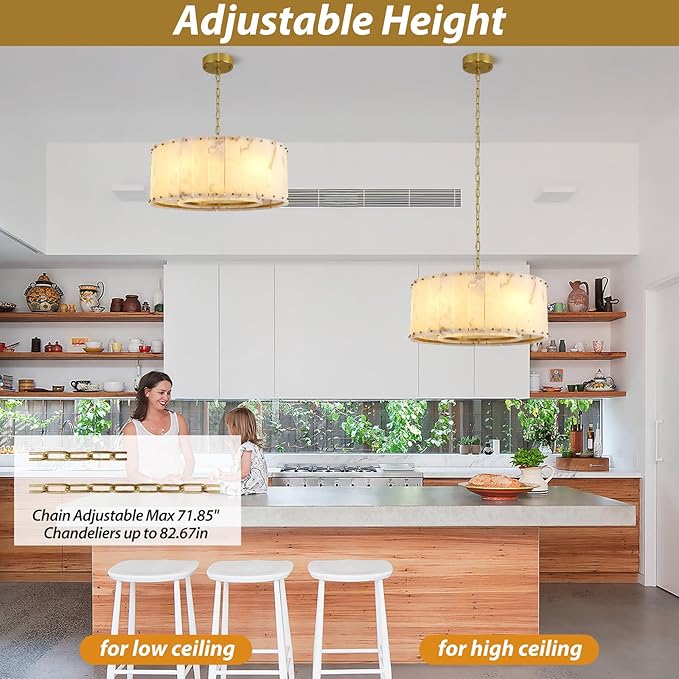 Alabaster Chandelier D24in Spanish Natural Marble Round Chandeliers,Alabaster Pendant Light Fixture,Modern Brass Dining Room Chandelier, Adjustable Gold Chandeliers for Bedroom,Bathroom,Entryway,Foyer