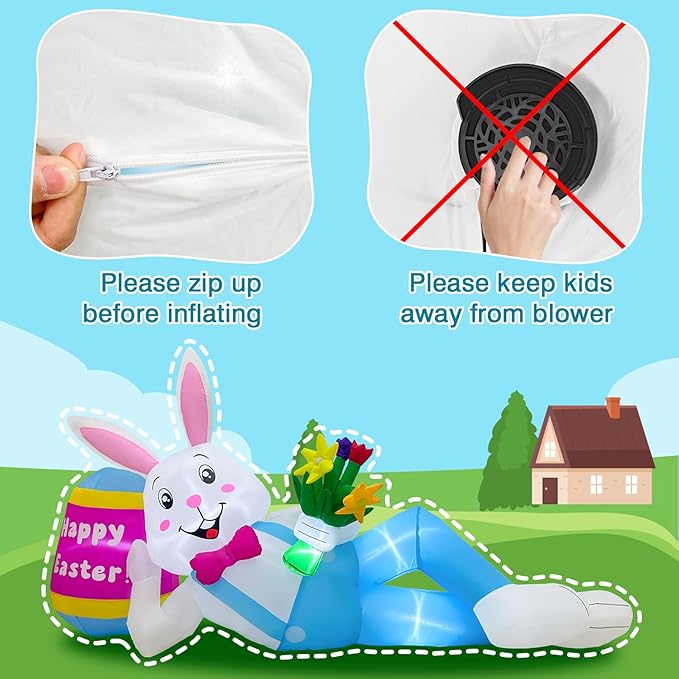 OurWarm 8FT Easter Inflatables Outdoor Decorations, Lying Inflatable Easter Bunny Decor with Egg, Easter Blow Up Yard Decorations with LED Lights, Easter Blow Ups for Outside Roof Lawn Yard Decor