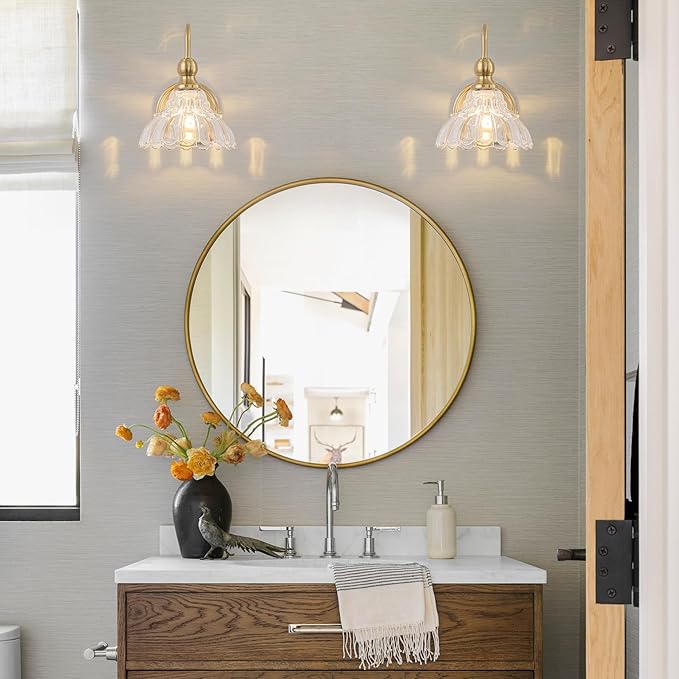 Vintage Bathroom Light Fixtures Over Mirror, 1-Light Brass Wall Sconce Lighting with Flower Glass Shade, Farmhouse Vanity Lights for Bedroom Kitchen Living Room Hallway Light