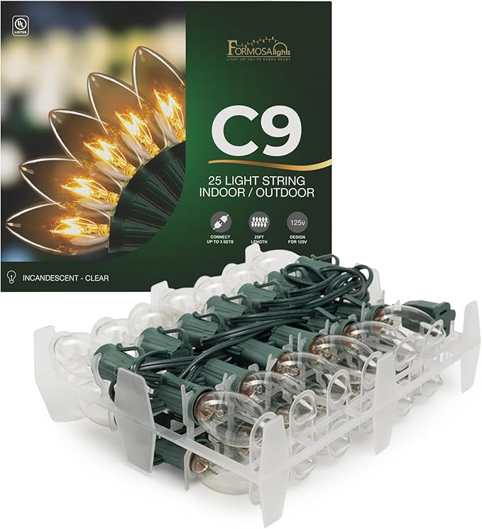 C9 26ft Indoor/Outdoor Clear Incandescent Christmas String Lights with 25 Bulbs and E17 Base | 120V, 7W