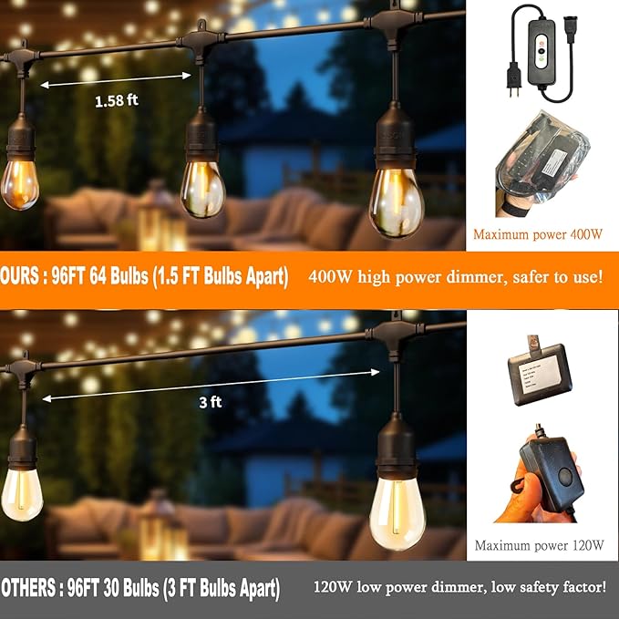 100FT LED Outdoor String Lights with 60+4 Waterproof Bulbs(1.5FT Bulbs Spacing), Remote & Dimmer, Commercial Grade Patio Lights with 3 Mode Light & Timing, 100PC Ties