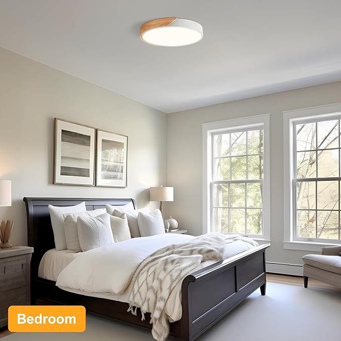 Vikaey Modern LED Ceiling Light, Minimalist Wood Flush Mount Ceiling Light Fixture, 4000K Not Dimmable, Circle Lighting Lamp with Acrylic Lampshade for Bedroom Dining Room Laundry (White, 15.8'')