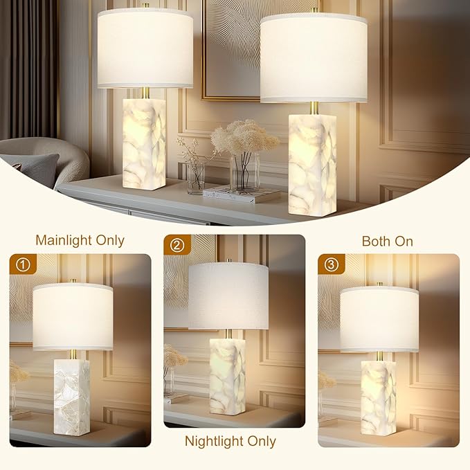 Scenekoy Alabaster Table Lamp Set of 2 with Night Light for Bedroom Living Room, 23" Rotary Switch Bedside Lamp with Linen Shade, Modern Nightstand Lamps for Room Office Dorm (Bulb Included)