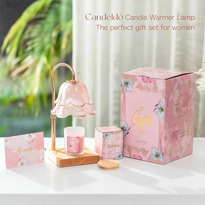 Mom Birthday Gifts for Women: Candle Warmer Lamp with Scented Candles Dimmable Pink Flower Wax Warmer with Timer Mothers Day Housewarming Gift