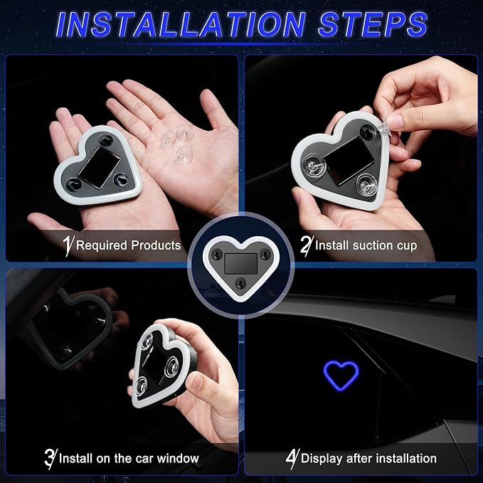 Car LED Interior Lights, Heart-Shaped Ambient Light for Windows, 5 Lighting Modes, Charging Through Type-c and Solar Energy, Car Decorations for Women Men, Pack of 1, (Blue)