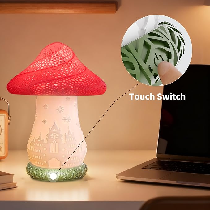 Mushroom Lamp, Battery Operated Bedside Lamp, 3-Way Dimmable Touch Lamp, Auto-Rotating Rechargeable LED Night Light for Bedroom, Living Room