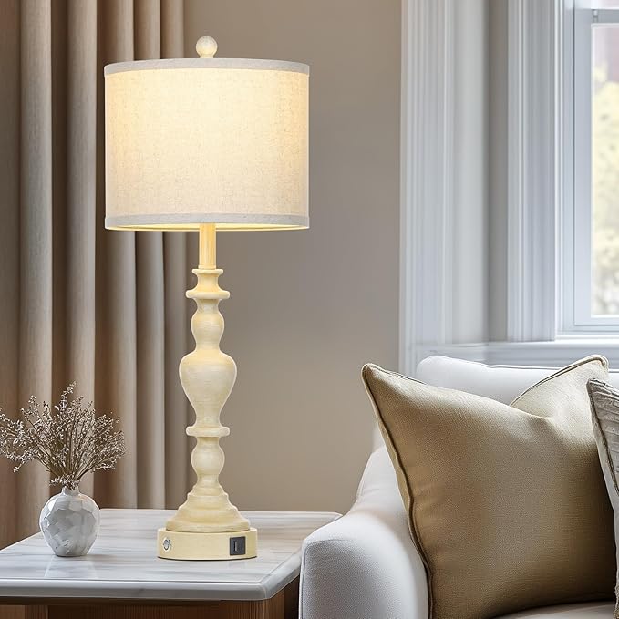 27" Vintage Farmhouse Table Lamps for Living Room Set of 2, Rustic Nightstand Lamps with USB C+A Ports, 3-Way Dimmable Retro Bedside Lamps for Bedroom Office 2 LED Bulbs Included Washed Antique Beige