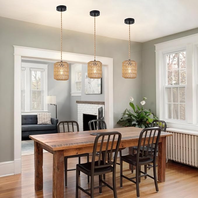 Boho Pendant Lights Kitchen Island Rattan Hanging Lamp with Hand Woven Wicker Small Chandelier Hanging Lights Fixture for Bedroom Kitchen Hallway Foyer 3 Packs