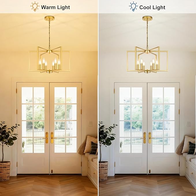 6 Light Gold Chandelier, Dining Room Light Fixture, Modern Farmhouse Industrial Metal Geometric Ceiling Light Rustic Hanging Pendant Lights with E12 base for Kitchen Island Entryway Foyer, Indoor