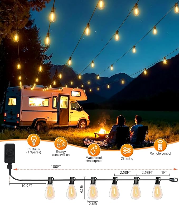 Tenmieo 100FT LED Outdoor String Lights with Remote, 35+ 1 Shatterproof Bulbs Waterproof and Dimmable Patio Lights for Porch, Garden, Backyard, Deck, Balcony, 2700K Hanging Lighting
