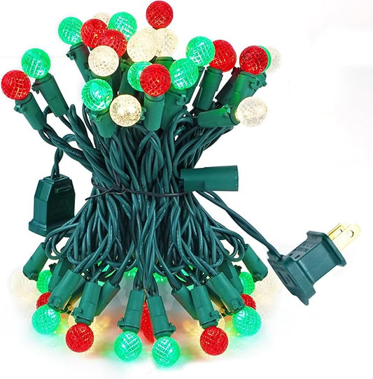 BOHON Red White and Green Christmas Lights Outdoor Faceted G15 50 LED 17ft Plug in Mini Globe String Lights Warm Waterproof Extendable Green Wire for Indoor Patio Xmas Thanksgiving Tree Decoration
