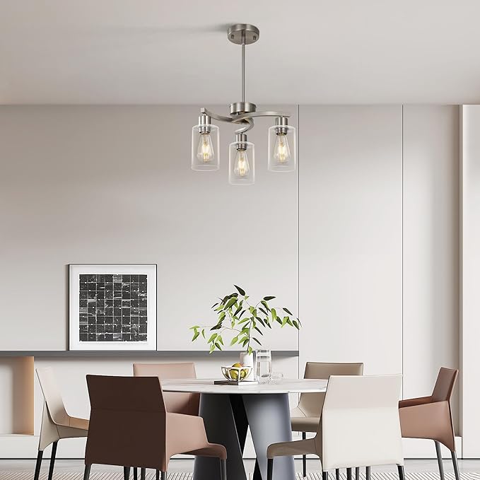 3 Light Brushed Nickel Dining Room Light Fixture,Modern Kitchen Chandeliers Over Table，Adjustable Height Industrial Hanging Pendant Lights for Kitchen Island with Glass Shade