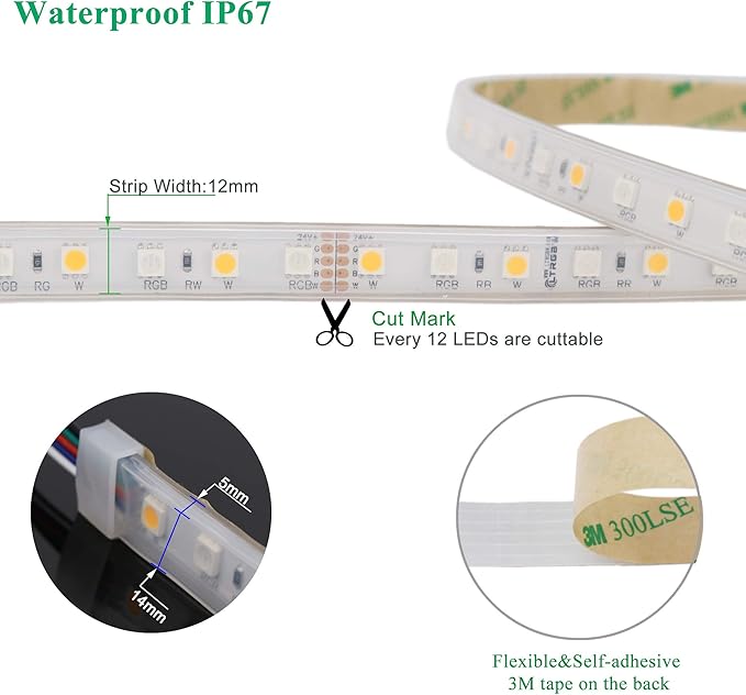RGB+Warm White LED Strip Lights SMD 5050 2800K-3200K RGBW DC 24V 360LEDs 16.4Ft Color Changing RGB LED Tape Light Outdoor Waterproof IP67 for Room Party Holiday LED Lighting