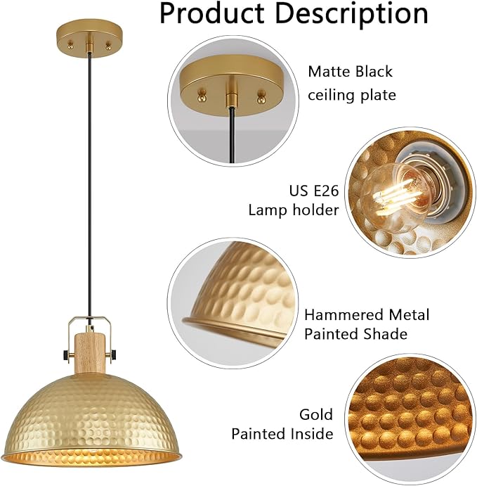 12 Inch Gold Pendant Lights Hammered Matte Pendant Lights for Kitchen Island Industrial Farmhouse Adjustable Height Dome Hanging Light Fixtures for Barn, Dining Room 1 Pack