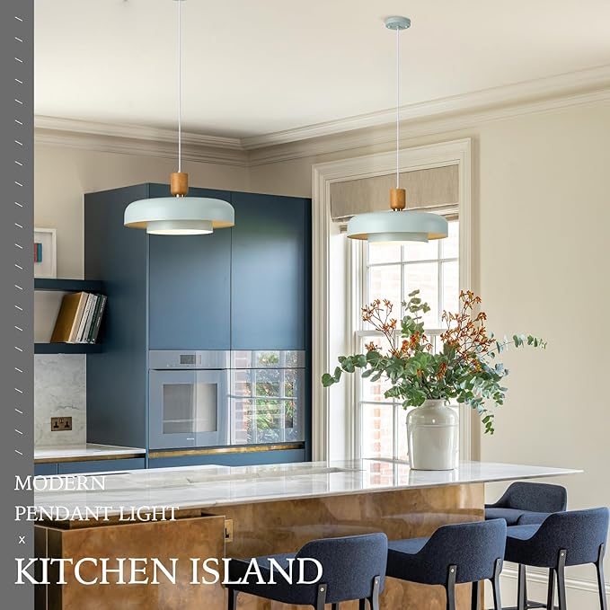 Mid Century Chandelier 19.68 inch, 2 Tiers Light Blue Shade, Natural Wood and Brass Accent,Large Pendant Lights for Kitchen Island, Dining Room, Living Room