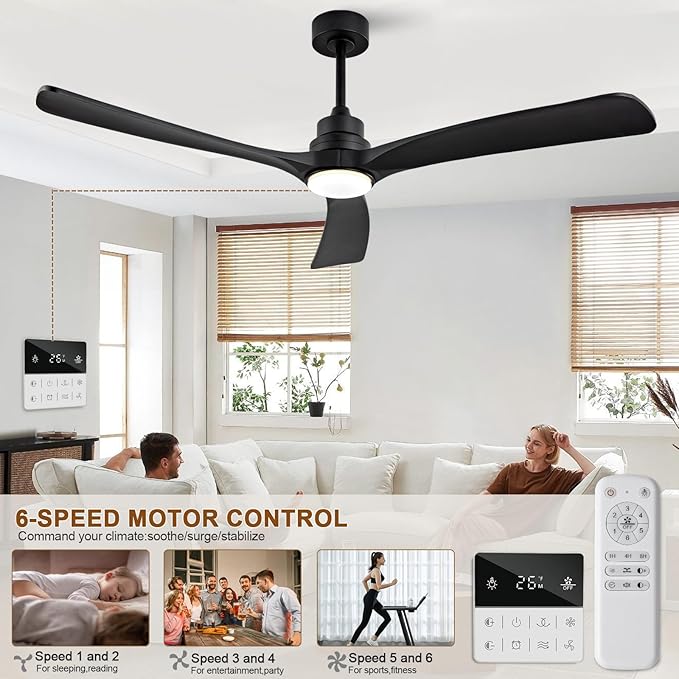 Ceiling Fan with Light,60 inch Solid Wood Ceiling Fan with Remote Control,Wall Switch,Dimmable,Reversible Quiet DC Motor,Power Off Memory Indoor Outdoor Ceiling Fans for Bedroom Patio