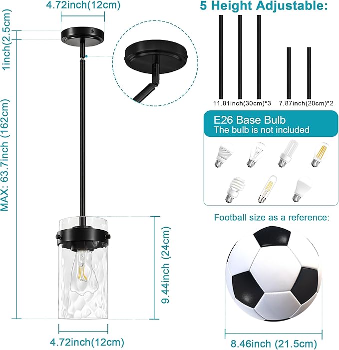 4.72" Hammered Glass Pendant Lighting for Kitchen Island 2 Pack, Modern Black Pendant Light Fixtures, Adjustable Ceiling Pendant Light for Kitchen Island Dining Room Bedroom Hallway