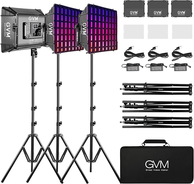 GVM RGB Photography Lighting Kits with 3 Softboxes, 880RS 60W Studio Lights with Bluetooth Control, 3 Packs Video Light with 18 Lighting Scenes, led Panel Lights for Video Recording, 8330lux/0.5M