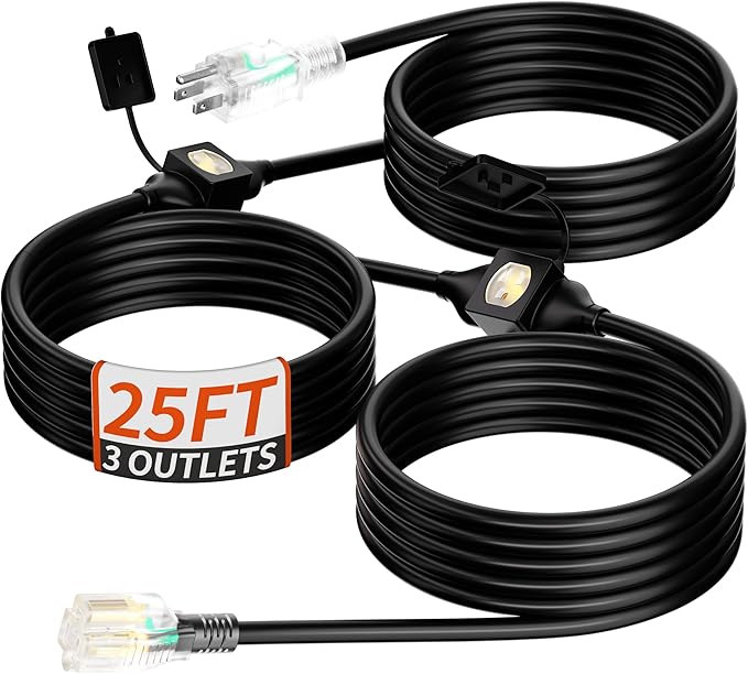 25 FT Outdoor Extension Cord with Multiple Outlets, 16/3 Gauge Christmas Light Extension Cord Evenly Spaced 3 Outlets Black with Lighted, 16AWG 13AMP 1625W 125V SJTW, ETL Listed