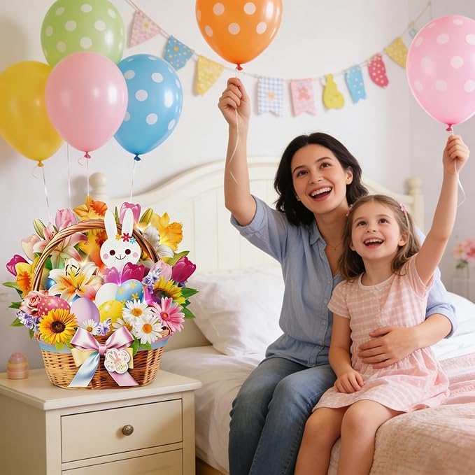 3D Pop Up Easter Flower Basket Card with Music & Lights – Bunny, Eggs, Lily, Tulip, Daisy Bouquet – Envelope Included – Gift & Decoration