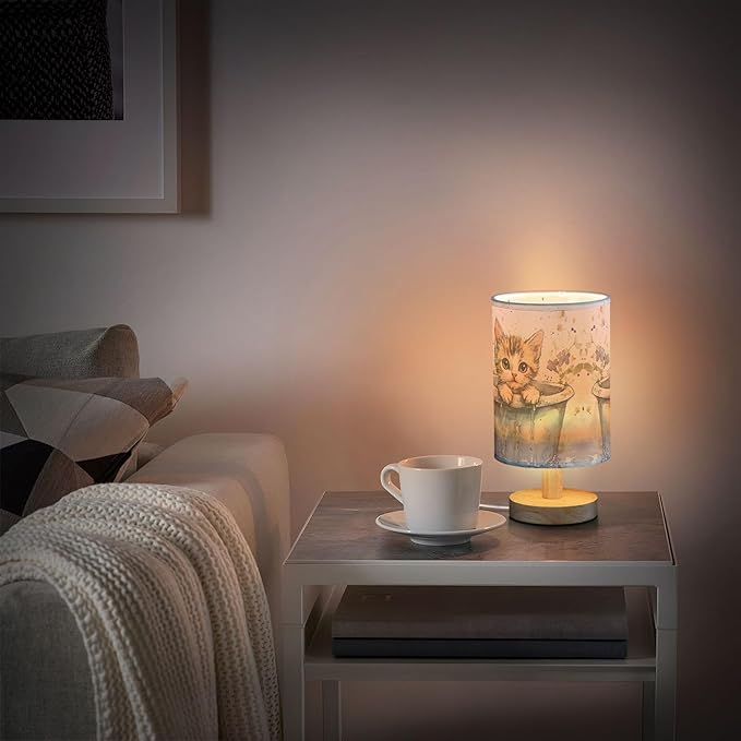 Watercolor Kitten Cat in Tub Table Lamp with Wood Base Fabric Lamp Shade Bedside Nightstand Desk Lamp for Living Room Bedroom Kids Room Office
