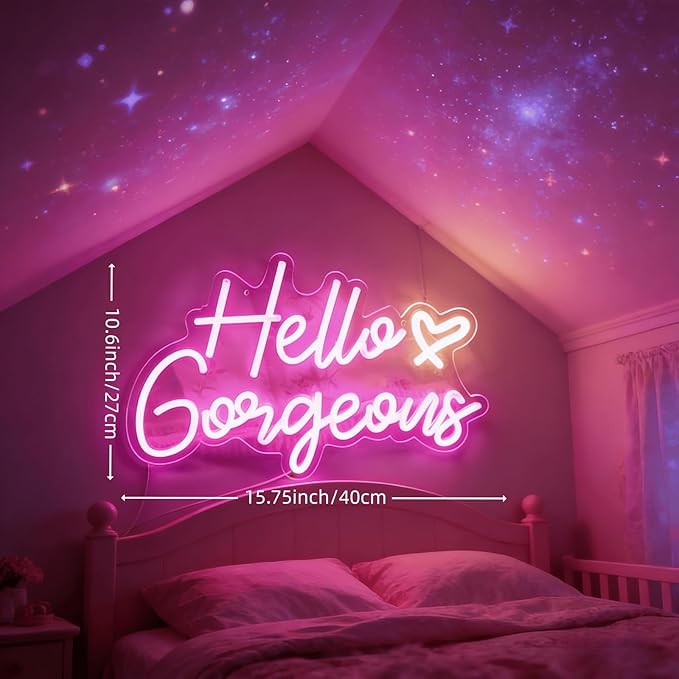 Hello Gorgeous Neon Light for Wall Decor, Pink USB Powered LED Sign with Dimmable Switch, Neon Sign for Home, Wedding, Birthday Backdrop, Party (Pink02)