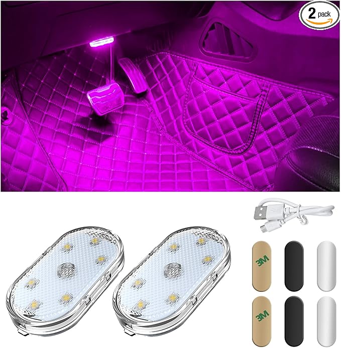 2 PCS Car LED Lights Interior Wireless, Magnetic Car Ambient Lighting with 6 Bright LED Lamp Beads, Portable USB Rechargeable Vehicle Interior Led Night Light for Car (Pink)
