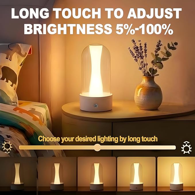 Rechargeable Bedside Lamps with 3 Way Dimmable - Portable Touch Control LED Table Lamp for Living Room Bedroom, Good Gift for Boys and Girls, Glass Lamp for Home or Office Decoration -White