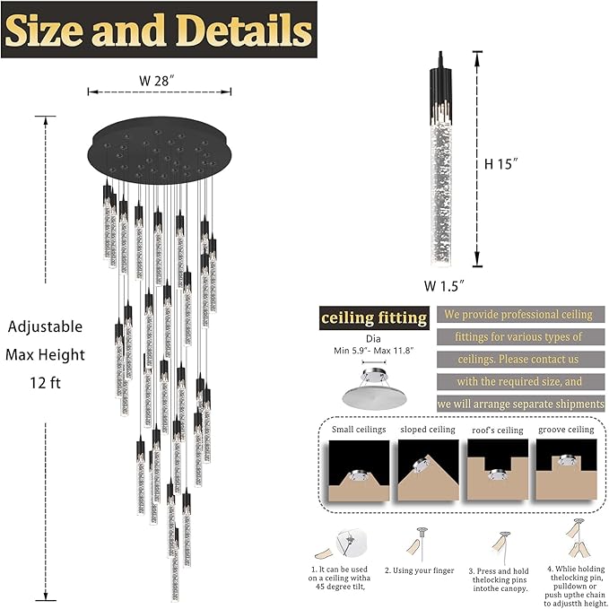 Flashing God Black 28 Lights Large Foyer Chandeliers for High Ceilings 12 feet Long Spiral Stair Pendant Chandelier Crystal Ceiling Light Fixtures Dimmable 2700k-4500k-6000k