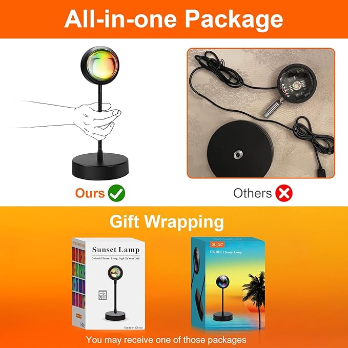QUIGO Sunset Lamp Projector Led Lights for Bedroom Night Light RGB Lights Sun Sunlight Sunrise Lamp 10w 360 Rotation Rainbow Projection Room Decor Home Decor Christmas Gifts for Women