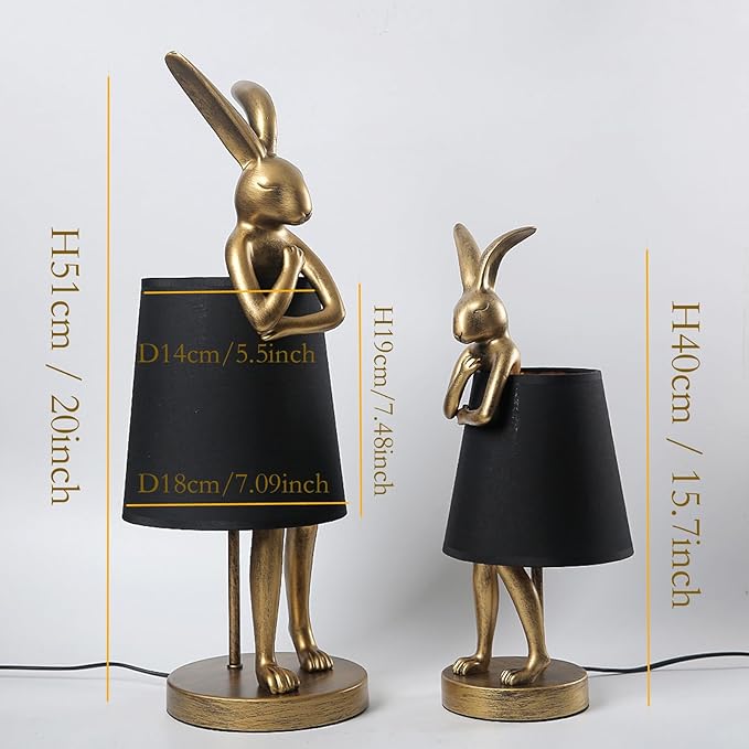 Bunny Table Lamp, Resin Rabbit Lamp, H20inch, LED Bunny Lamp with Black Fabric Shade, Vintage-Style Component,Suitable for Office Study,Bedside (Black H20)