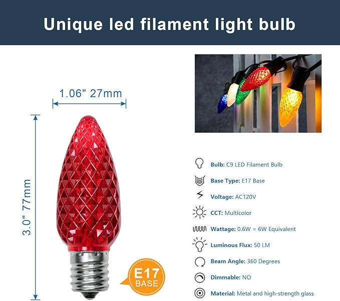 C9 LED Christmas Light Bulbs, Shatterproof & Waterproof C9 LED Replacement Bulb, Color Holiday Decor Bulbs for Indoor & Outdoor Use, E17 Base (Multicolor 50Pack)