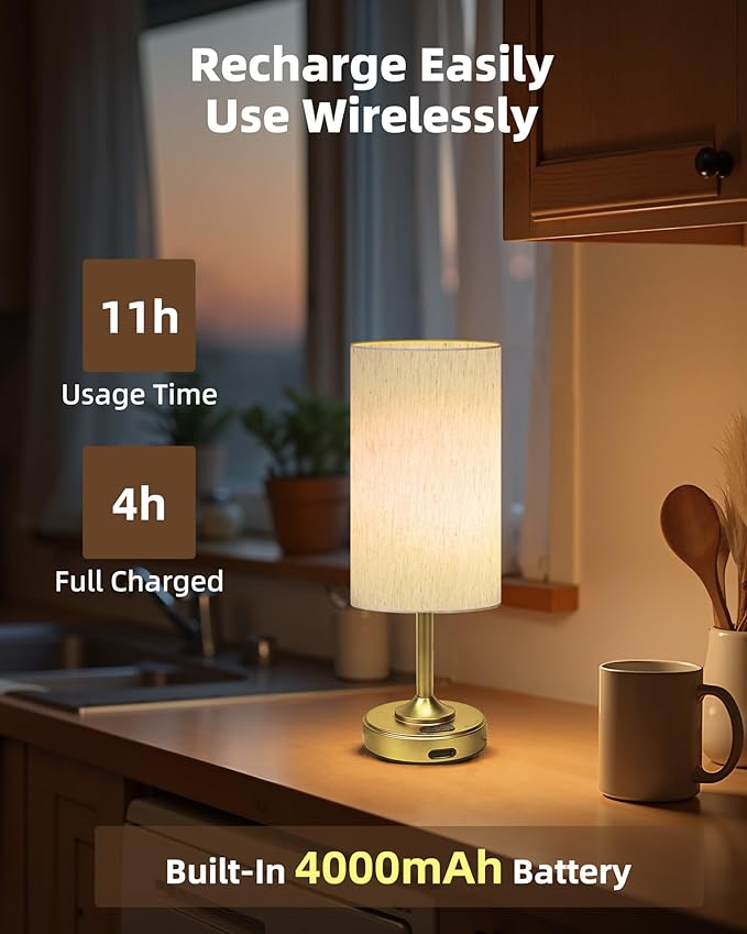 Cordless Lamp, 2-Pack, Dimmable, Ambient Light, 2700K, Timer, Touch Control, Portable, LED, Battery Operated, Rechargeable, Wireless, Desk Lamp, Kitchen Lamp, Fabric Shade, for Bedroom, Living Room