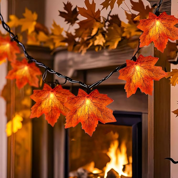 Thanksgiving Orange Maple Leaf Lights, 13.6FT Orange Fall Leaves String Lights, Waterproof Connectable Outdoor Patio String Lights for Indoor Home Outdoor Fall Decor Halloween Decorations