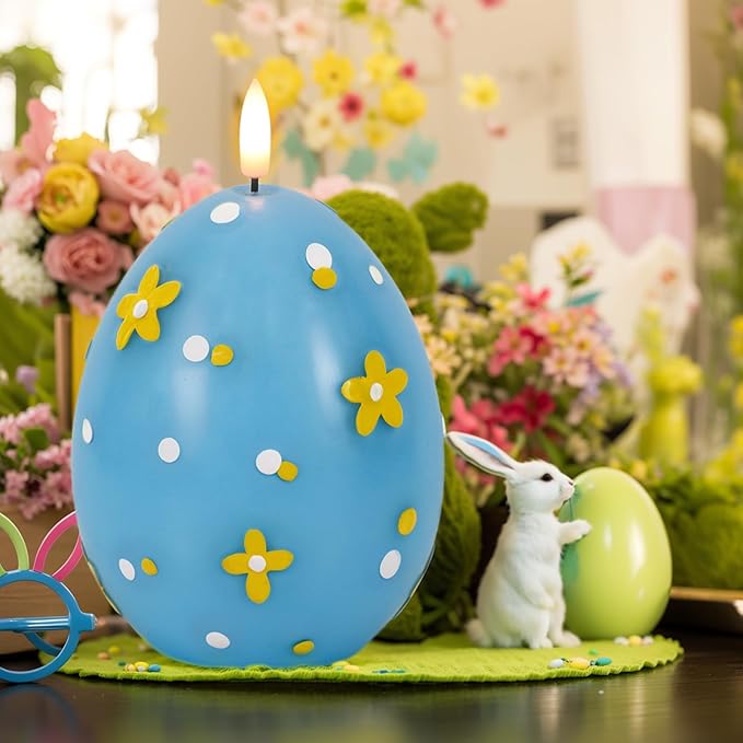 DRomance Easter Flameless Candles Battery Operated with 6 Hour Timer Battery Operated Real Wax Color Painted Easter Egg Shaped LED Flickering Candles Dinner Spring Holiday Decor(Blue, 2.4"D x 6.3"H)